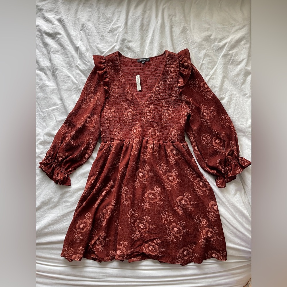 Madewell Deep Rust Sundress with Bishop Sleeves and V-Neck